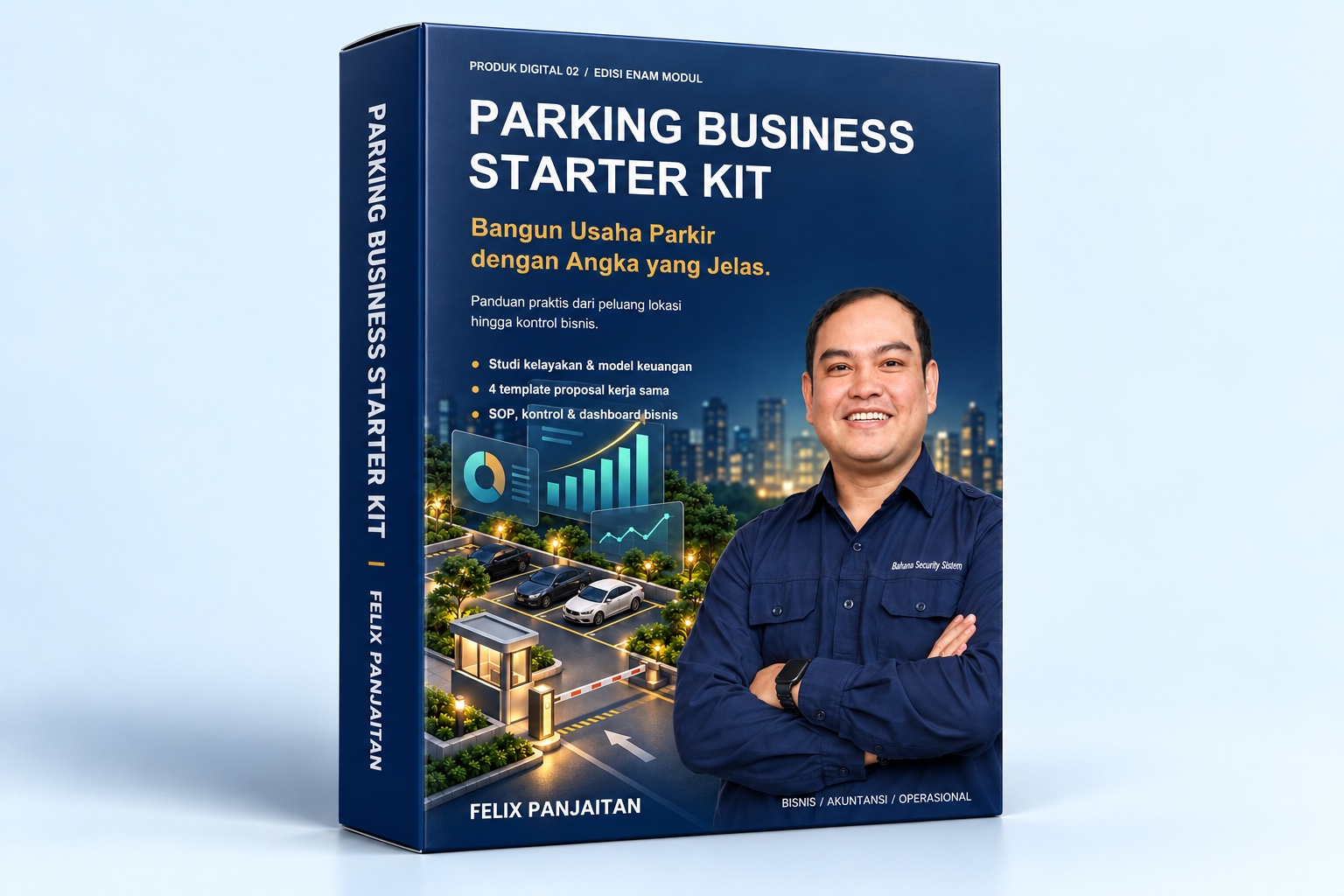 Mockup box e-book Parking Business Starter Kit dengan foto Felix Panjaitan