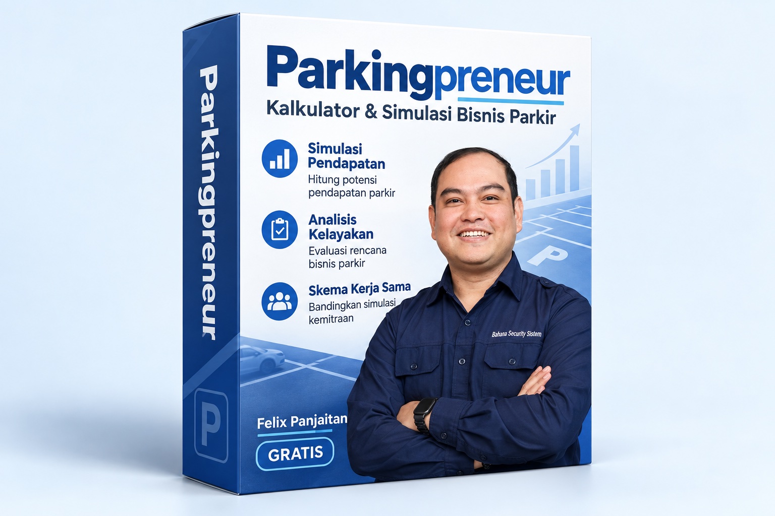 Mockup box Parkingpreneur dengan foto Felix Panjaitan dan fitur aplikasi